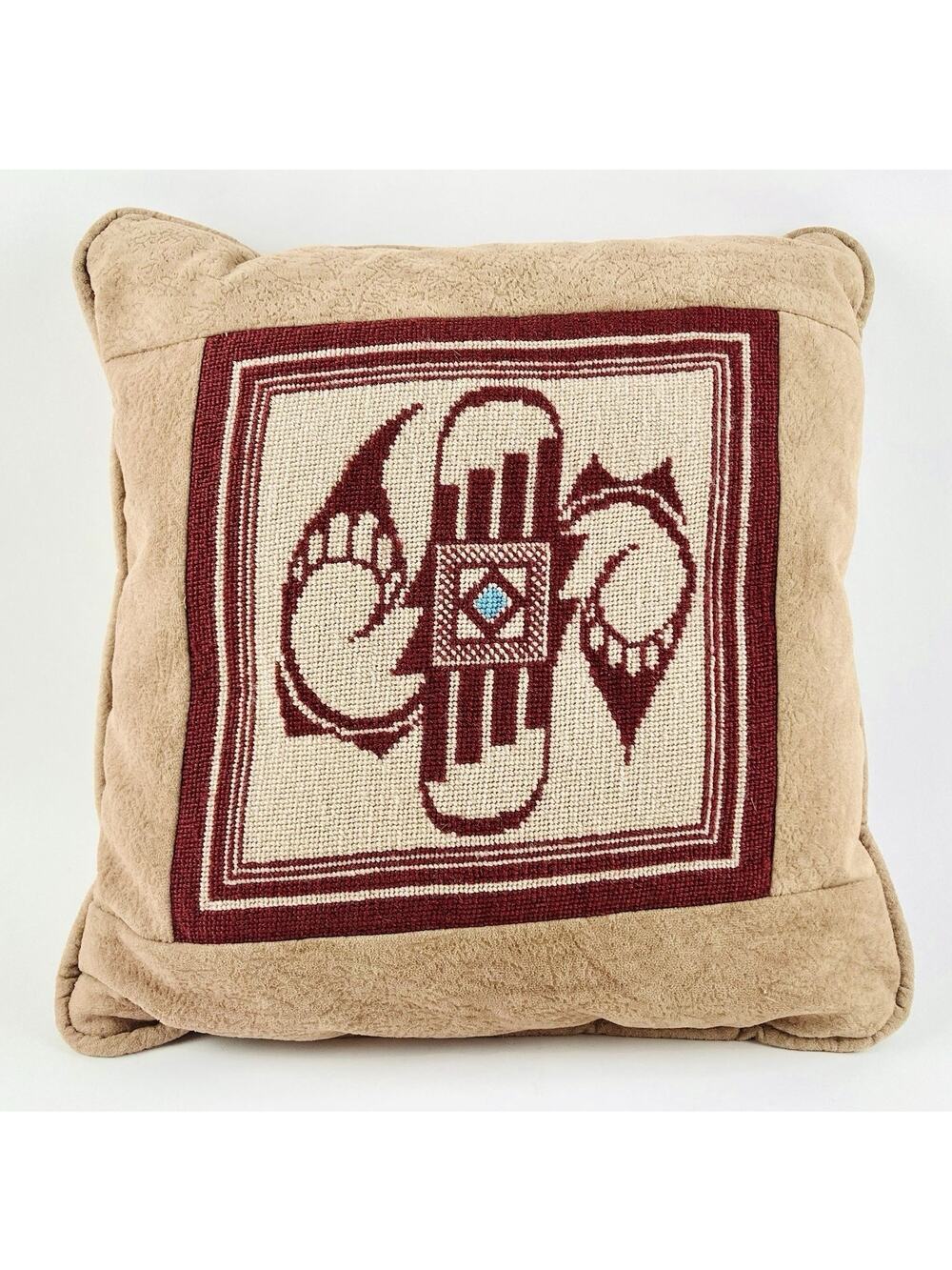 Vintage Handmade Needlepoint Pillow w/ Suede Style Back Southwest Tribal Native